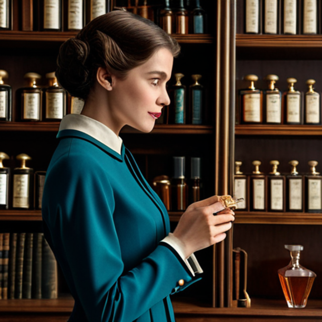 A sophisticated individual in elegant, modest attire, gently holding a vintage perfume bottle and examining it with reverence in a softly lit, classic study adorned with antique wooden shelves. Professional photography, realistic, high detail, cinematic lighting, perfect anatomy, correct proportions, natural pose, well-formed hands, proper finger count, natural body proportions, fully clothed, appropriate attire, professional dress, safe for work, appropriate content, professional.