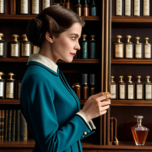 Home 4 A sophisticated individual in elegant, modest attire, gently holding a vintage perfume bottle and examining it with reverence in a softly lit, classic study adorned with antique wooden shelves. Professional photography, realistic, high detail, cinematic lighting, perfect anatomy, correct proportions, natural pose, well-formed hands, proper finger count, natural body proportions, fully clothed, appropriate attire, professional dress, safe for work, appropriate content, professional.
