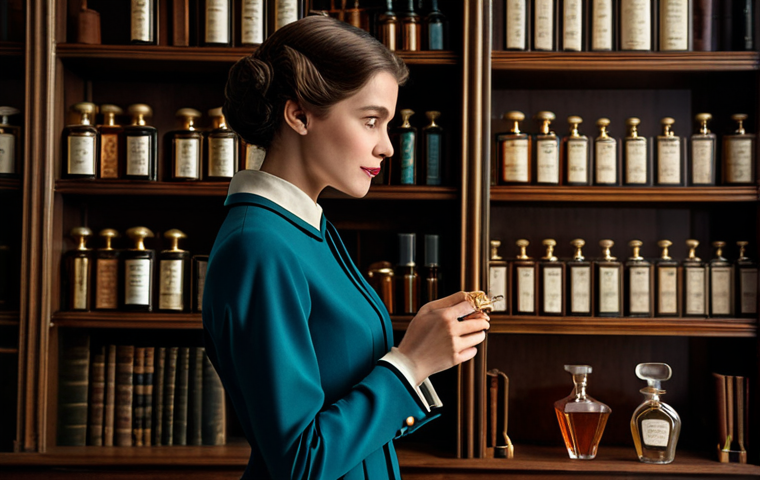 A sophisticated individual in elegant, modest attire, gently holding a vintage perfume bottle and examining it with reverence in a softly lit, classic study adorned with antique wooden shelves. Professional photography, realistic, high detail, cinematic lighting, perfect anatomy, correct proportions, natural pose, well-formed hands, proper finger count, natural body proportions, fully clothed, appropriate attire, professional dress, safe for work, appropriate content, professional.